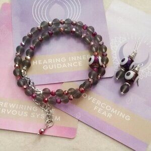 Vibrant Wrap Bracelet + Earring Set ~ Evil Eye ~ Frosted Gray & Sparkling Pink